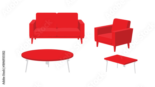 Modern red living room furniture set including a sofa, armchair, round coffee table, and square side table is displayed.