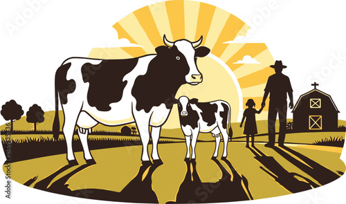 Black and white cow calf farmer and barn at sunrise cow, calf, farmer, barn, sunrise, farm, rural, landscape, black and white, yellow, sun, clouds, trees, grass, field, agriculture, livestock, country