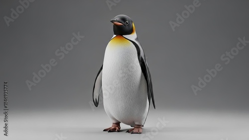 A realistic emperor penguin stands upright against a neutral gray background, with smooth black and white feathers, a yellow-orange neck patch, and a calm, curious posture., penguin, bird, animal, ant