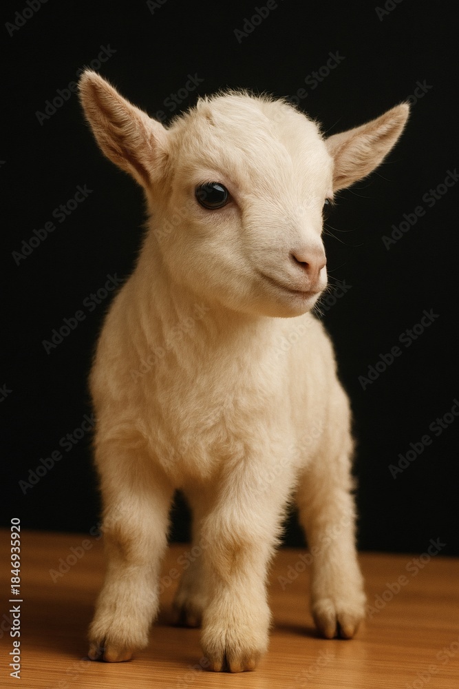 Fototapeta premium A cute domestic baby goat, or kid, stands on a white background and looks towards the camera