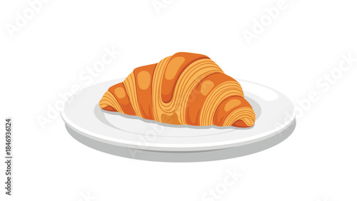 A golden brown croissant rests elegantly on a white plate, showcasing its flaky layers and inviting texture for a delightful breakfast.