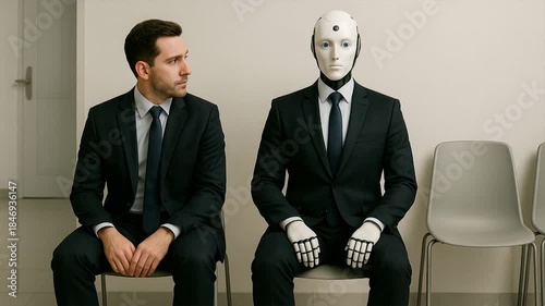 Office worker and a robot are waiting for a job interview. AI job replacement