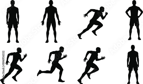 Set of Athletic Man Silhouettes Running Sprinting Standing and Posing for Fitness Sports Workout Wellness Healthy Lifestyle and Active Concepts