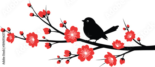 Black bird perched on branch with red flowers black bird, bird, perched, branch, red flowers, cherry blossoms, floral, nature, wildlife, white background, simple, minimalistic, flat silhouette, bird o