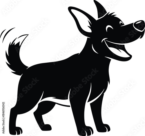 Black cartoon dog with wagging tail and open mouth black dog, cartoon dog, smiling dog, wagging tail, open mouth, happy dog, dog black and white, simple dog with pointy ears, dog with white highlights
