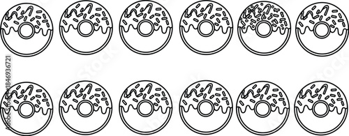 Twelve delicious frosted donut icons arranged in two rows perfect for coloring pages or sweet treat designs