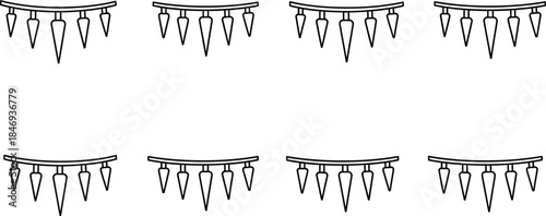 Simple black and white outline icon set representing hanging icicles or sharp decorative garland elements for winter design