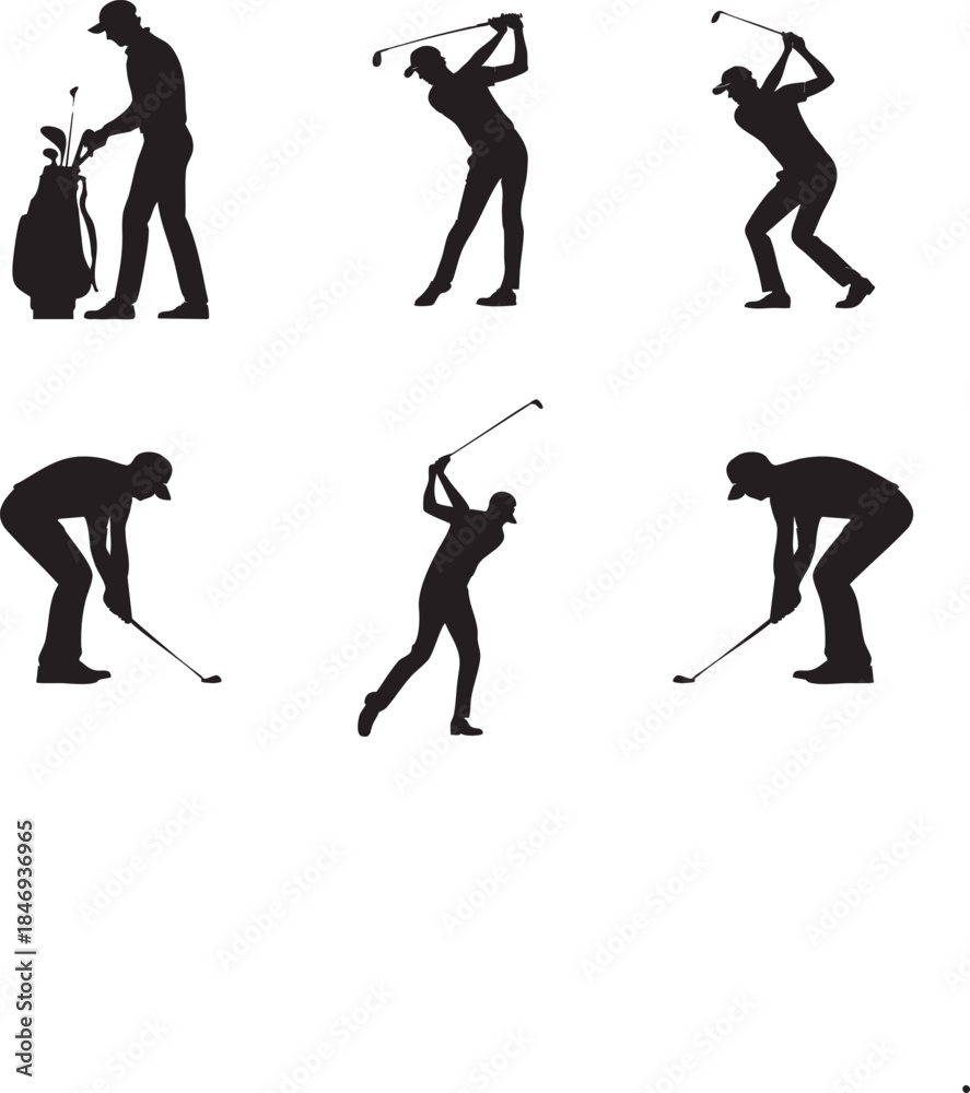 Obraz premium Set of Black Silhouette Golfer Poses Showing Multiple Golf Actions Including Swing, Putting, Follow Through and Standing Positions in Minimal Flat Vector Style Isolated on White Background