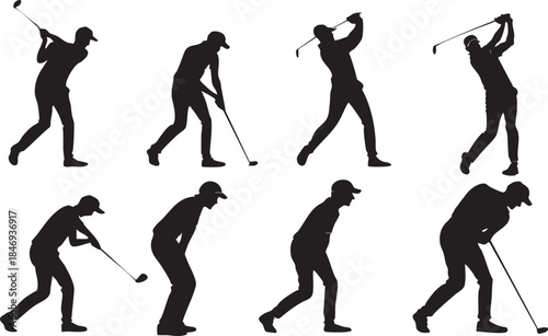 Set of Black Silhouette Golfer Poses Showing Multiple Golf Actions Including Swing, Putting, Follow Through and Standing Positions in Minimal Flat Vector Style Isolated on White Background
