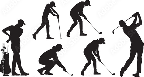 Set of Black Silhouette Golfer Poses Showing Multiple Golf Actions Including Swing, Putting, Follow Through and Standing Positions in Minimal Flat Vector Style Isolated on White Background