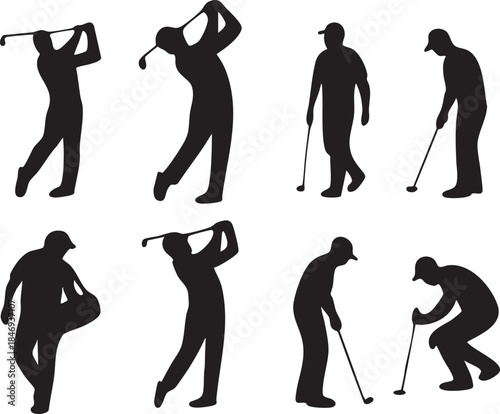 Set of Black Silhouette Golfer Poses Showing Multiple Golf Actions Including Swing, Putting, Follow Through and Standing Positions in Minimal Flat Vector Style Isolated on White Background