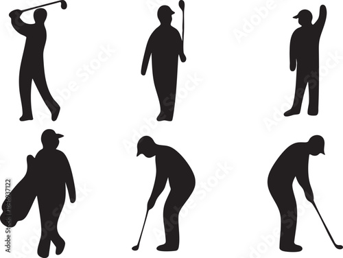 Set of Black Silhouette Golfer Poses Showing Multiple Golf Actions Including Swing, Putting, Follow Through and Standing Positions in Minimal Flat Vector Style Isolated on White Background