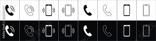 Phone and call icon set with mobile smartphone and telephone symbols in black and white, vector illustration for contact us web buttons, app UI design and customer service