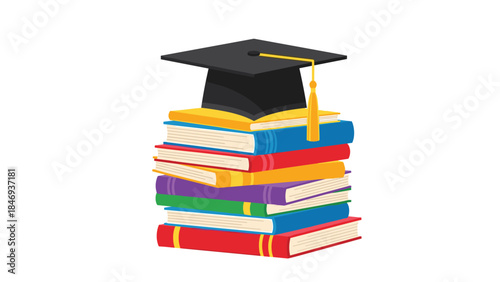 A stack of colorful books topped with a graduation cap symbolizes academic achievement and the pursuit of knowledge.