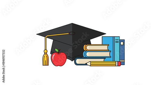 Graduation cap, books, apple, and pencils represent academic achievement and the pursuit of knowledge in education.
