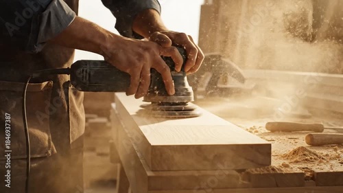 Close up of hands using an orbital sander on a wooden plank in a workshop with golden sunlight illuminating dust particles flying in the air and a carpenter wearing a denim apron