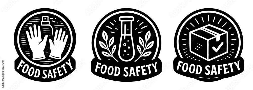 Obraz premium フードセーフティを表すモノクロ円形ロゴ、Monochrome Circular Logo Representing Food Safety