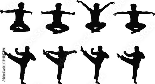 Set of Man Silhouettes Performing Martial Arts Kicks and Parkour Jumps for Fitness Sports Karate Kung Fu Action and Strength Concepts