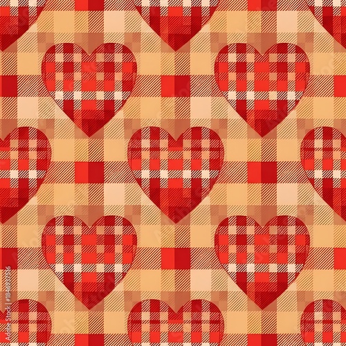 Seamless Red and Beige Plaid Heart Pattern