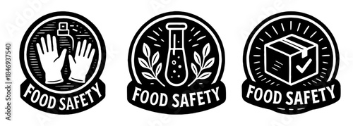 フードセーフティを表すモノクロ円形ロゴ、Monochrome Circular Logo Representing Food Safety