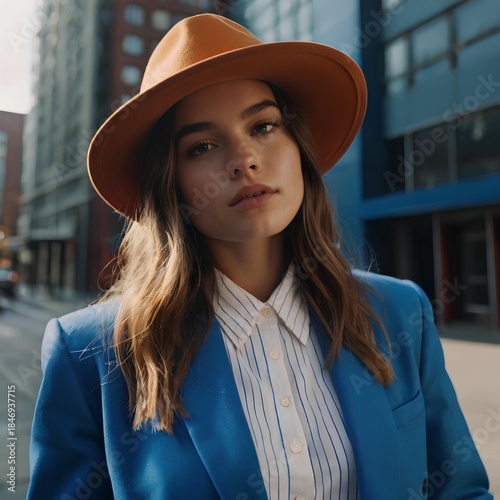 modern urban Young woman in blue suit and hat on a street 