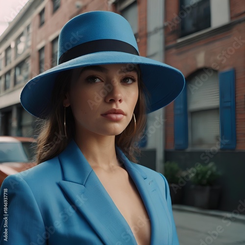 modern urban Young woman in blue suit and hat on a street 
