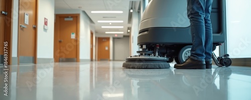 A person uses a floor scrubbing machine in a clean modern office corridor. The automated equipment provides efficient janitorial service for shiny floors.