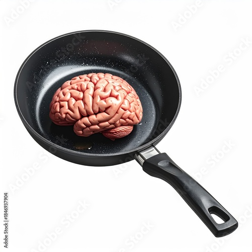 Human brain sits in a black frying pan, ready for cooking
