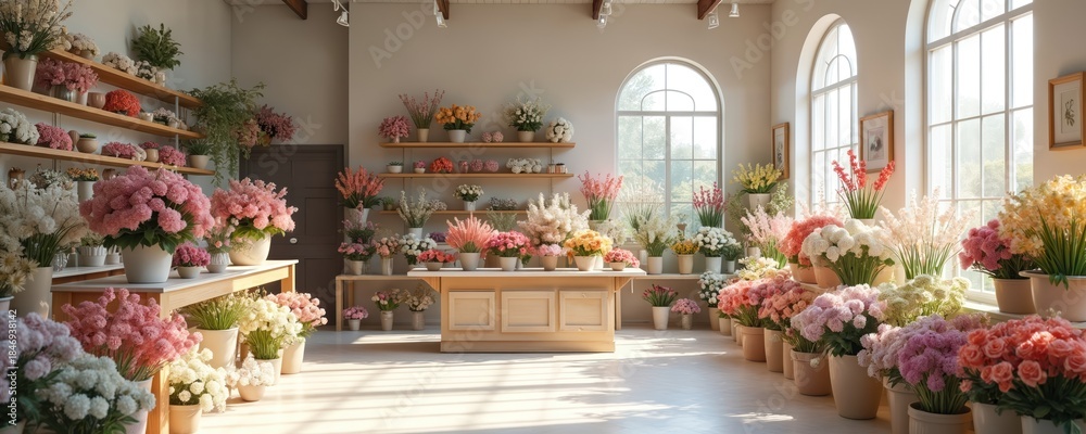 Fototapeta premium Interior of a flower shop filled with various colorful floral arrangements in pots and vases. Shelves and tables display bouquets and plants, with sunlight streaming through large windows.