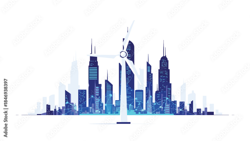Obraz premium Futuristic cityscape integrates renewable energy with a prominent wind turbine symbolizing sustainable urban development and technological innovation.