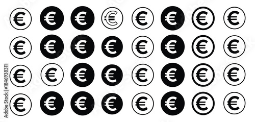 euro icon set, complete collection of euro symbols in various styles, including outline, solid, flat, and glyph designs, ideal for finance, banking, payment systems, and global currency vector project
