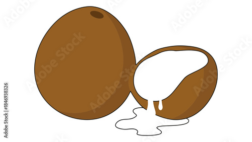 Fresh coconuts with one cut open and milk dripping out