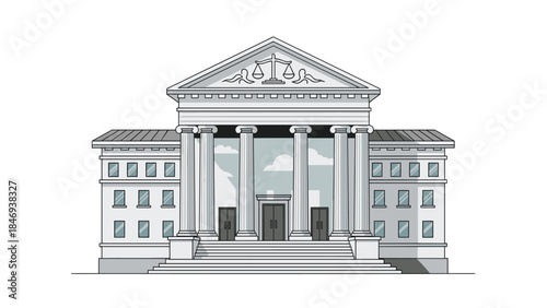 Imposing neoclassical courthouse building with prominent columns and scales of justice above the entrance symbolizes legal authority.