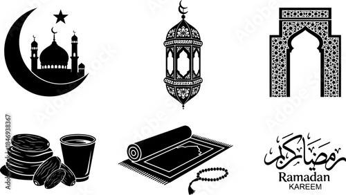 set of Islamic ramadan symbols and silhouette illustrations vector design