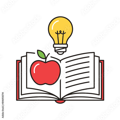 Open book with red apple and yellow light bulb on