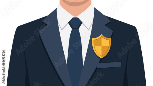 Professional security guard in a suit with a shield badge demonstrates trust and protection for clients and their assets.