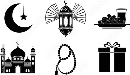 set of Ramadan kareem silhouette icons set for islamic festive decorations and greetings vector design