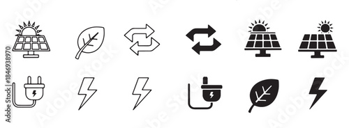 Solar Panel & Renewable Energy Vector Set – Photovoltaic Icons, Clean Energy Symbols, Solar Farm & System Illustrations for Sustainability and Power Collection