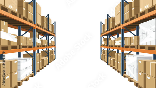 Rows of cardboard boxes are neatly stacked on industrial shelving within a large, well-organized warehouse storage facility.