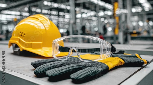 Safety gear is arranged on a workbench in a factory. A yellow hard hat, protective gloves, and safety glasses are visible. Tools and machinery are in the background