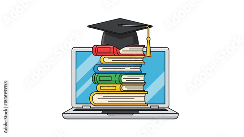 Online education concept featuring a stack of books and a graduation cap displayed on a laptop screen, symbolizing digital learning.