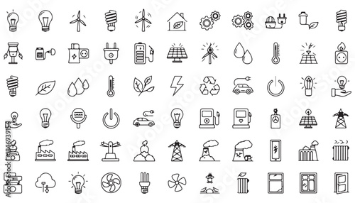Energy efficiency green power outline line vector icon set