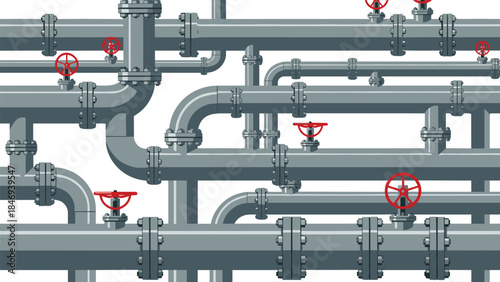Intricate network of industrial pipes and valves creates a complex system for fluid or gas transportation.