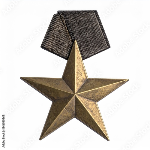 Bronze star-shaped medal with dark ribbon, isolated on white
