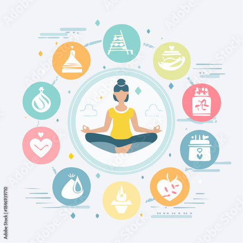 Mindfulness Meditation and Well-being Icons Circle with Woman in Lotus Pose
