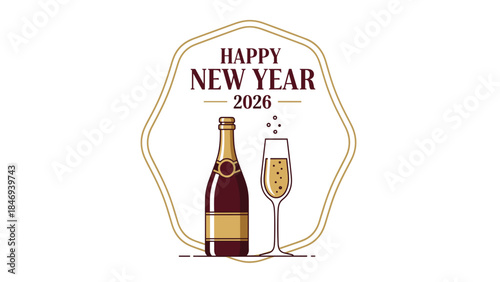 Festive new year illustration features a champagne bottle and flute with bubbles, celebrating the arrival of 2026 in a stylish design.