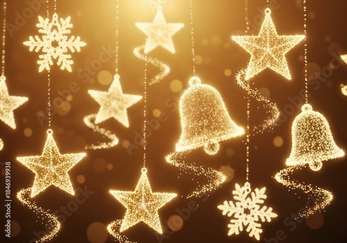Golden glowing festive shapes made of sparkling particles. Abstract holiday background with hanging stars and bells. Christmas and New Year celebration concept