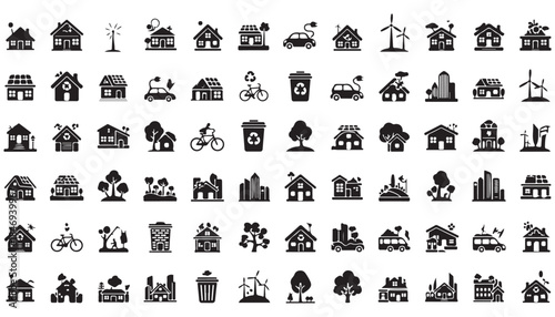 Sustainable home green architecture glyph vector icon set collection