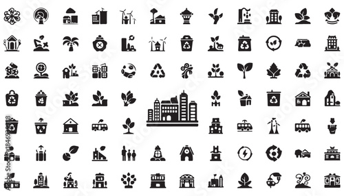 Urban sustainability green city glyph vector icon set collection