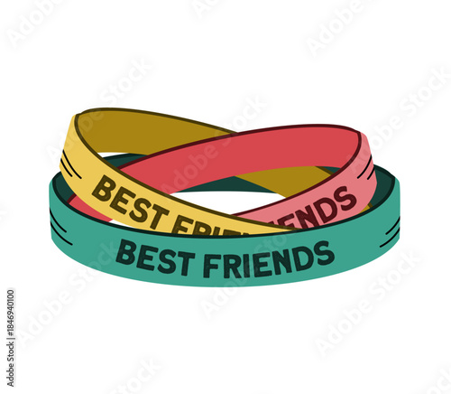 Three interlocking silicone bracelets in yellow, red, and teal with "BEST FRIENDS" text. Vibrant flat art symbol for childhood friendship, school memories, peer bonding, loyalty, and the nostalgic hum